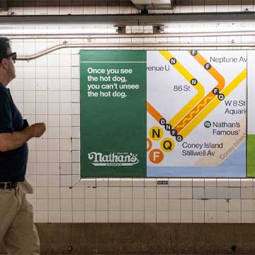 Nathan’s Famous ad that says “Once you see the hot dog, you can’t unsee it”. The hot dog is made by the N, F, and Q subway lines converging on the map right in front of the original Nathan’s Famous location on Coney Island.